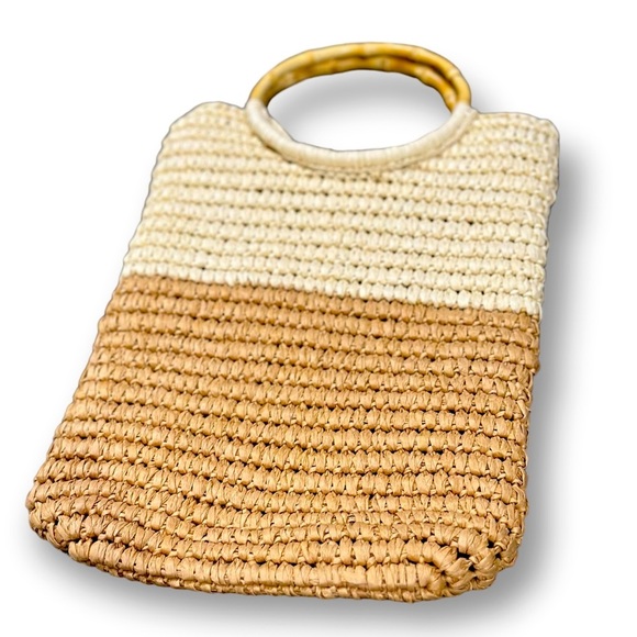 Bali Harvest Handbags - BALI Handmade Palm Leaf bag with bamboo handles - cream and tan